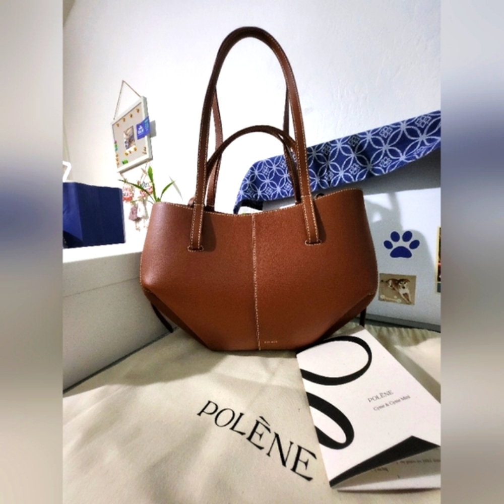 Authentic Polene Cyme Mini Leather Tote Bag in Cognac color